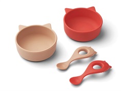 Liewood cat apple red/tuscany rose mix dining set Evan silicone (4-pack)